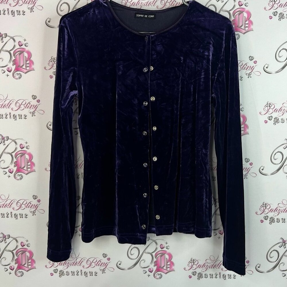 Esprit cardigan buttons velour soft shiny Dark Purple Velvet Button-Down Shirt